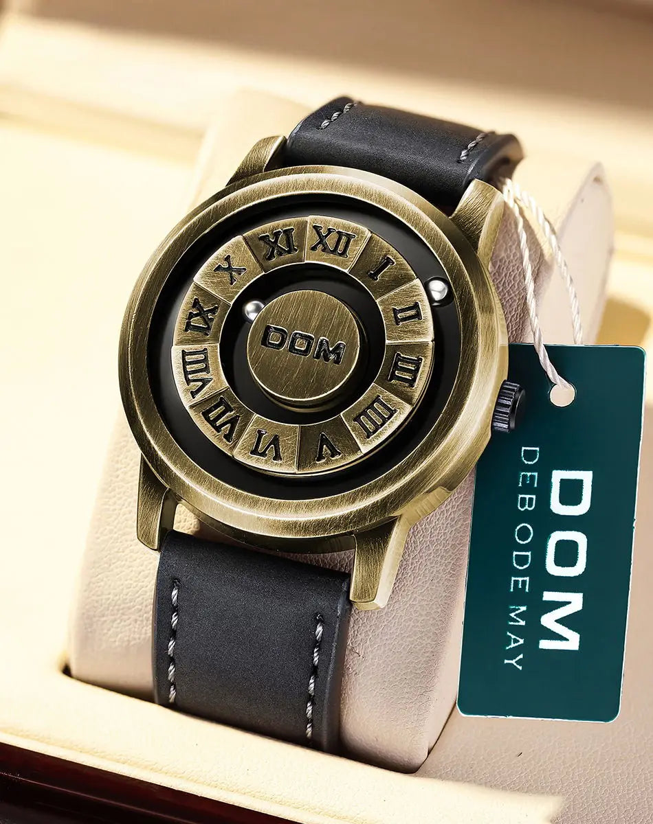 DOM Magnetic Ball Watch – Men's Fashion Quartz Wristwatch with Black Leather Strap, Waterproof & Stylish Design