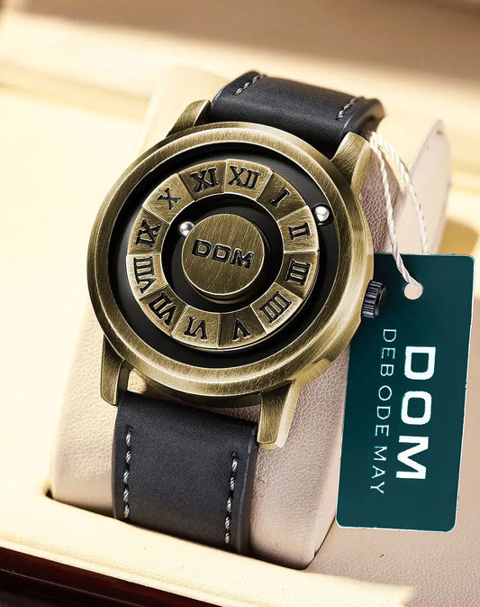 DOM Magnetic Ball Watch – Men's Fashion Quartz Wristwatch with Black Leather Strap, Waterproof & Stylish Design