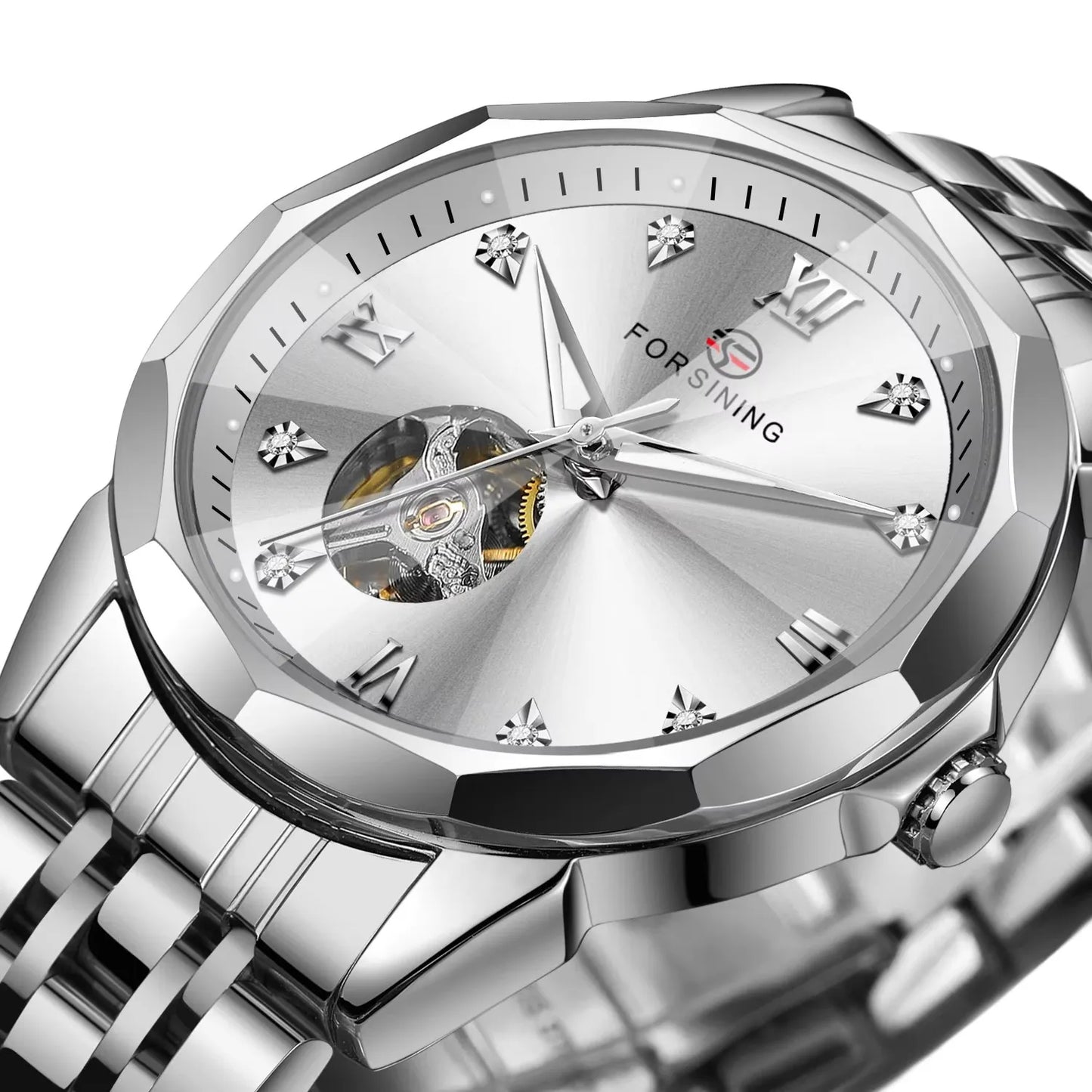 FORSINING Gold & Blue Automatic Watch – Men's Skeleton Tourbillon Mechanical Timepiece