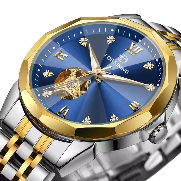 FORSINING Gold & Blue Automatic Watch – Men's Skeleton Tourbillon Mechanical Timepiece