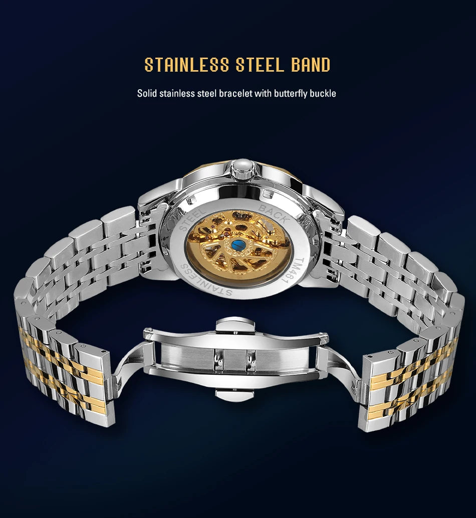 FORSINING Gold & Blue Automatic Watch – Men's Skeleton Tourbillon Mechanical Timepiece