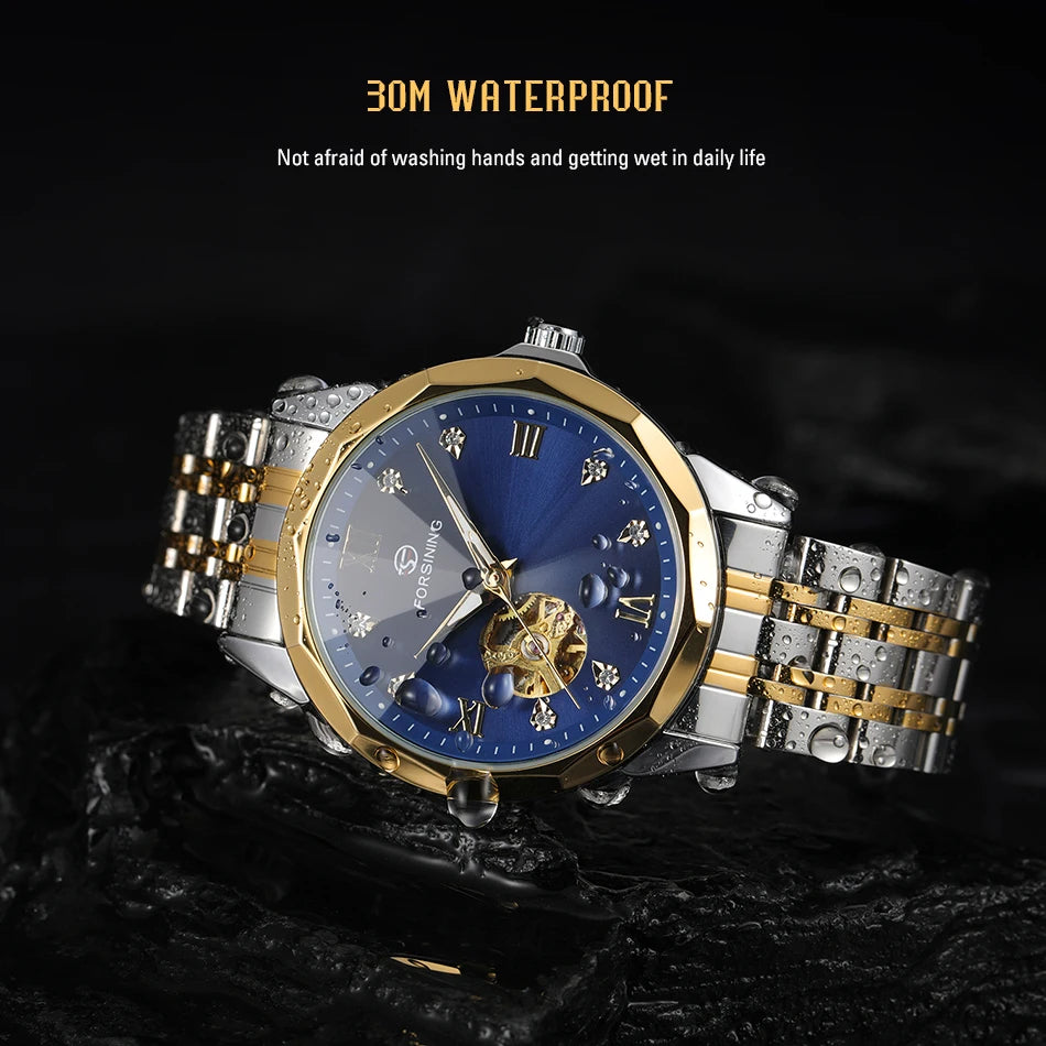 FORSINING Gold & Blue Automatic Watch – Men's Skeleton Tourbillon Mechanical Timepiece
