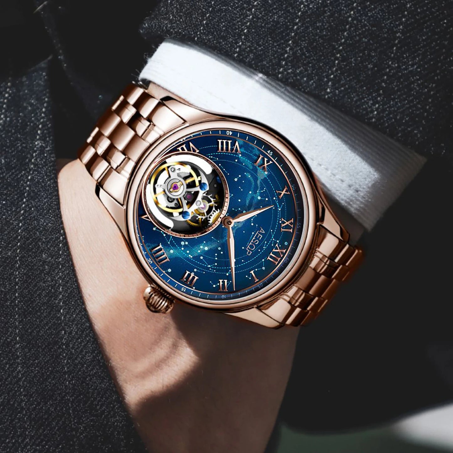 AESOP Starry Sky Tourbillon Watch – Men's Mechanical Stainless Steel Waterproof Wristwatch