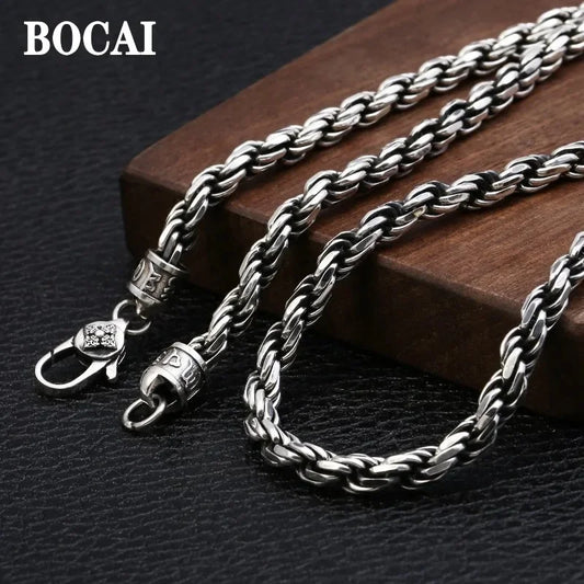 BOCAI 4MM S925 Sterling Silver Weave Necklace – Men's Punk Fashion Jewelry for Party