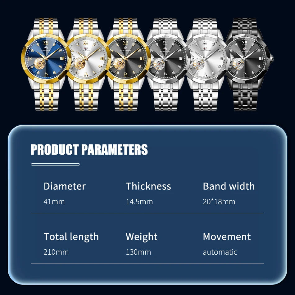 FORSINING Gold & Blue Automatic Watch – Men's Skeleton Tourbillon Mechanical Timepiece