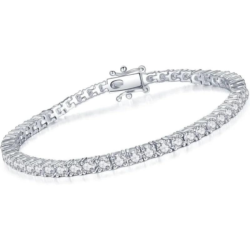 925 Sterling Silver Iced Out Tennis Bracelet – 3MM/4MM/5MM CZ Lab Diamond Zirconia, 18K White Gold Plated, Unisex Luxury Jewelry