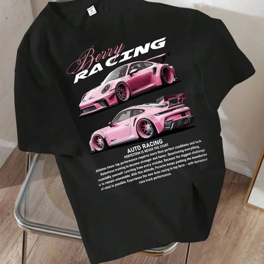 Men’s Sports Car & Motorcycle T-Shirt – Trendy Summer Round-Neck, Pure Cotton Short-Sleeve Top