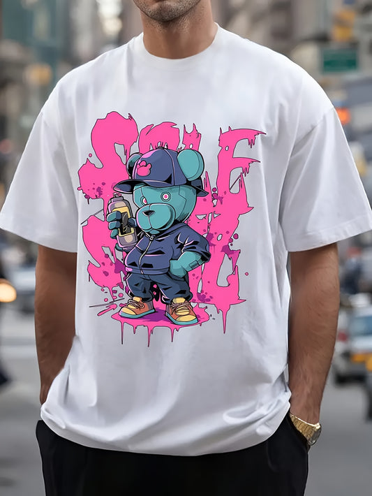 Men’s Creative Bear Print T-Shirt – Trendy Alphabet Design, Casual Short-Sleeve Round Neck Tee