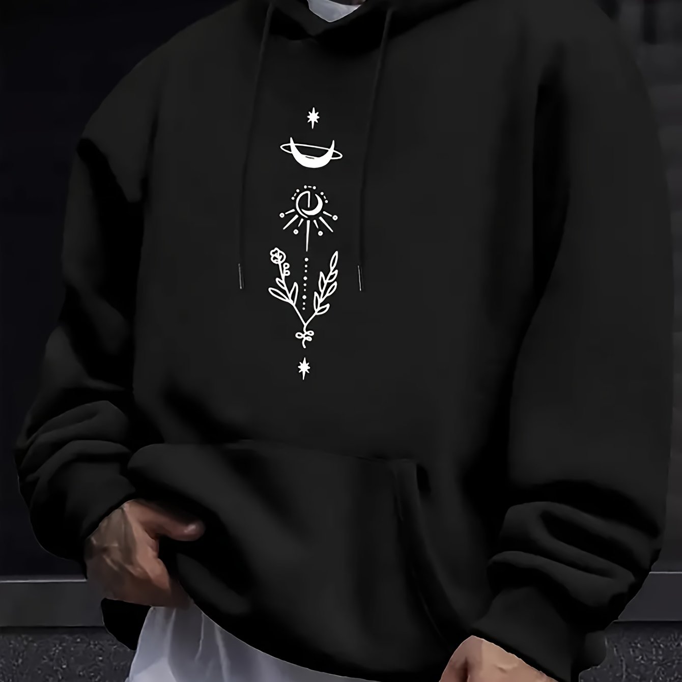 Men’s Sun, Moon & Stars Hoodie – Creative Floral Print, Casual Fashion Pullover