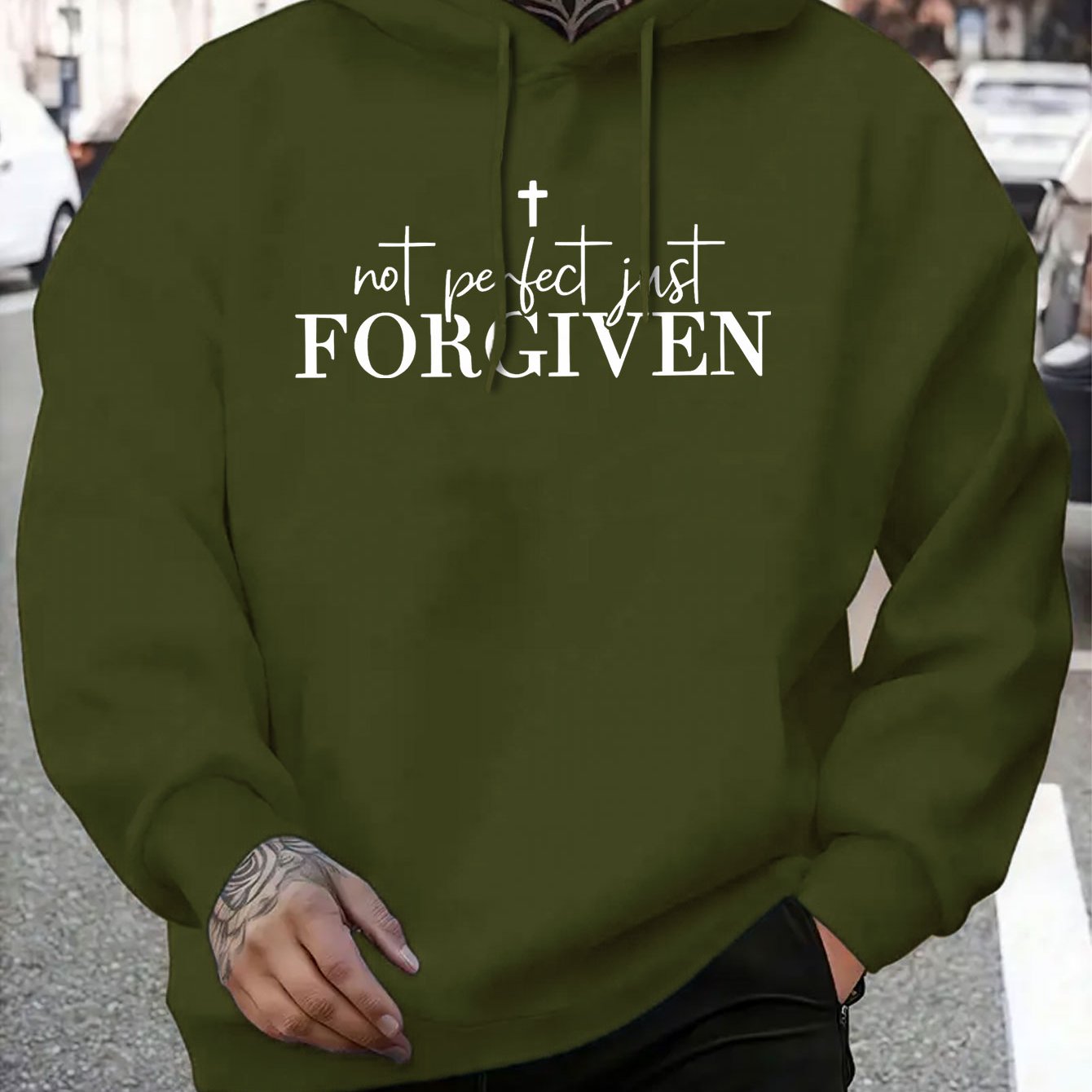 Men’s Christian “Not Perfect FORGIVEN” Hoodie – Faith Cross Print, Warm Casual Pullover, Adjustable Hood & Pocket