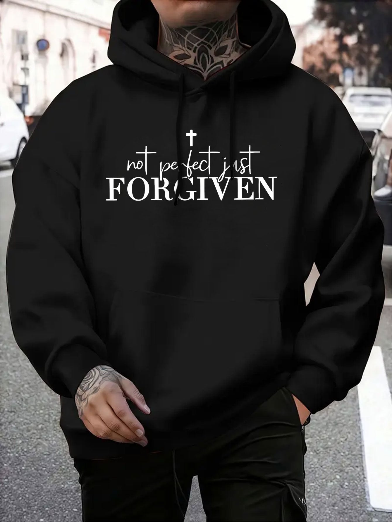 Men’s Christian “Not Perfect FORGIVEN” Hoodie – Faith Cross Print, Warm Casual Pullover, Adjustable Hood & Pocket