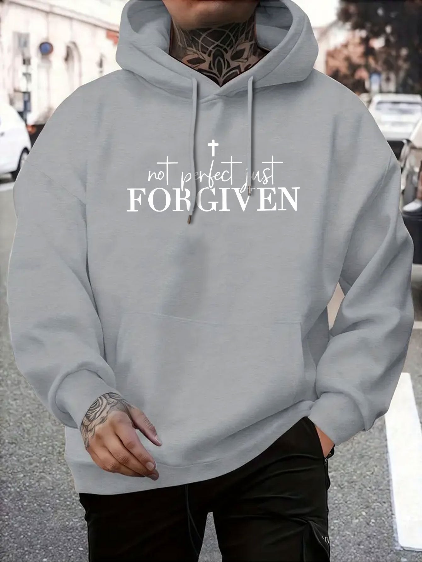 Men’s Christian “Not Perfect FORGIVEN” Hoodie – Faith Cross Print, Warm Casual Pullover, Adjustable Hood & Pocket