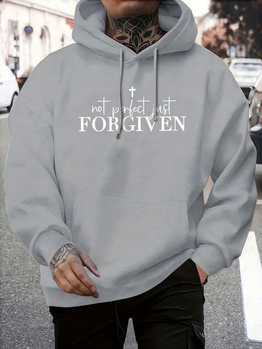Men’s Christian “Not Perfect FORGIVEN” Hoodie – Faith Cross Print, Warm Casual Pullover, Adjustable Hood & Pocket