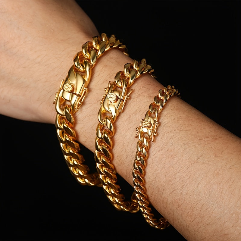 2PCS 18K Gold Plated Cuban Chain Set – Men's Stainless Steel Necklace and Bracelet, Luxury Golden Jewelry