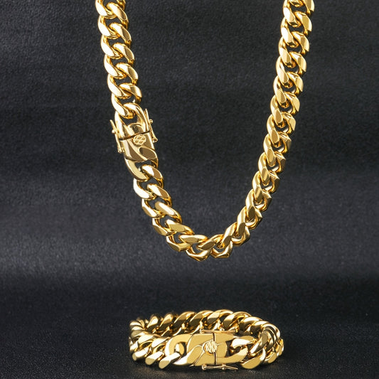 2PCS 18K Gold Plated Cuban Chain Set – Men's Stainless Steel Necklace and Bracelet, Luxury Golden Jewelry
