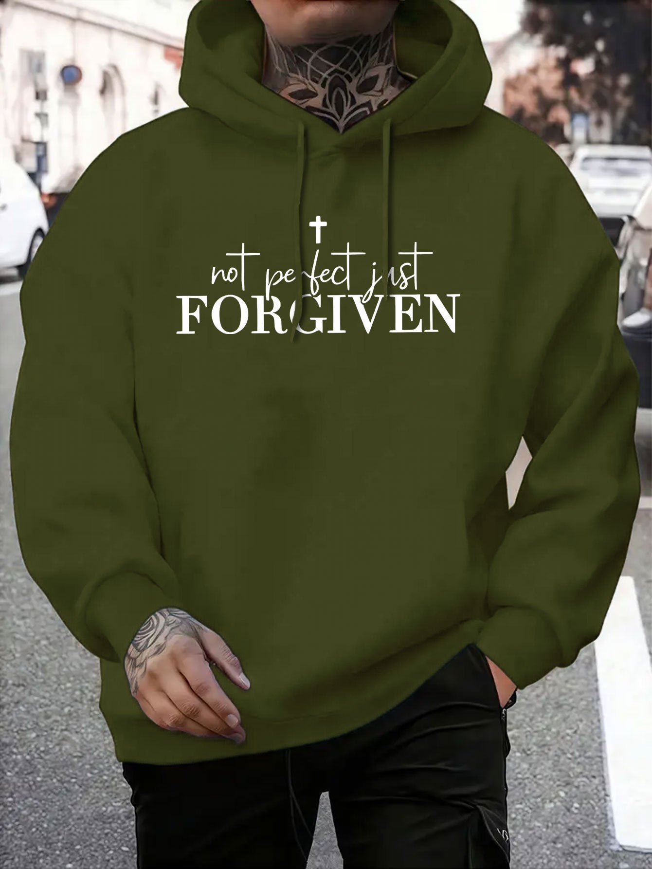 Men’s Christian “Not Perfect FORGIVEN” Hoodie – Faith Cross Print, Warm Casual Pullover, Adjustable Hood & Pocket